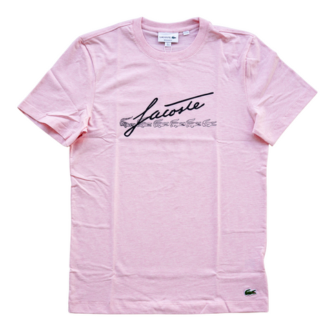 Lacoste Men's Signature And Crocodile Print Crew Neck Cotton T-Shirt (Pink) - Lacoste
